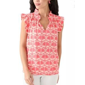 Crown Ivy Women Ruffle Pink Print Sleeveless shirt top L Coastal Casual Preppy